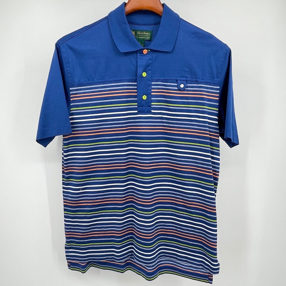 Brooks Brothers St Andrews Links Mens Blue Striped Cotton Polo Shirt‎ Small